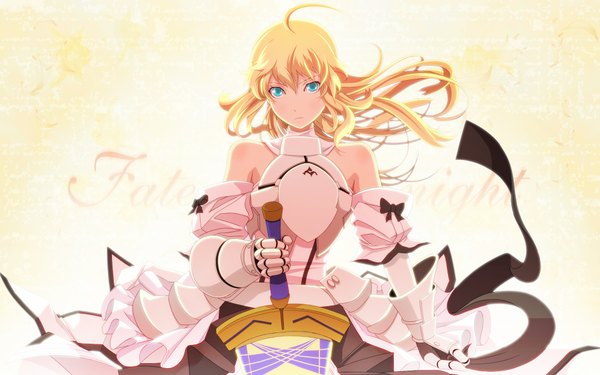 Anime picture 1920x1200 with fate (series) fate/stay night fate/unlimited codes studio deen type-moon artoria pendragon (all) saber lily single long hair highres simple background blonde hair wide image bare shoulders aqua eyes girl weapon sword armor