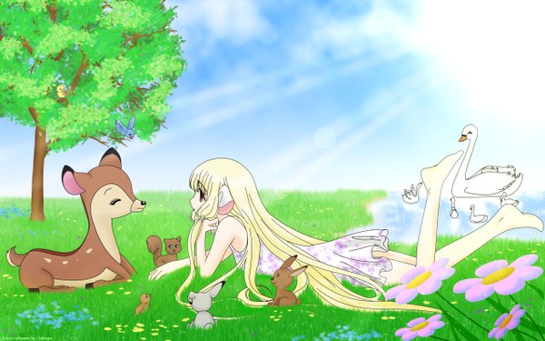Anime picture 2560x1600 with chobits chii single long hair highres blonde hair wide image bare shoulders looking away sky cloud (clouds) full body outdoors lying barefoot sunlight horizon on stomach girl flower (flowers)