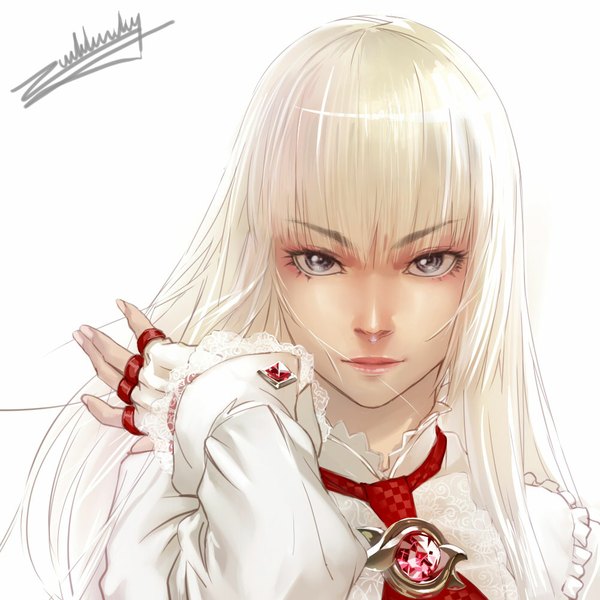 Anime picture 1000x1000 with tekken namco (studio) emilie de rochefort deathwingxiii single looking at viewer blonde hair simple background white background grey eyes close-up girl gloves necktie jewelry