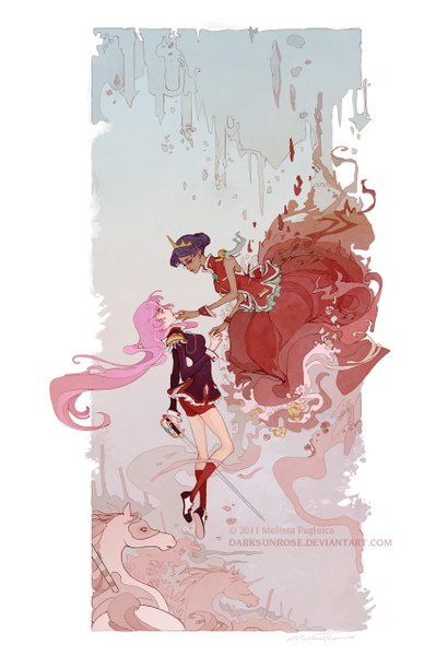 Anime picture 825x1275 with revolutionary girl utena j.c. staff tenjou utena himemiya anthy darksunrose tall image short hair simple background multiple girls green eyes pink hair purple hair bent knee (knees) very long hair profile sleeveless dark skin holding hands finger to mouth face to face