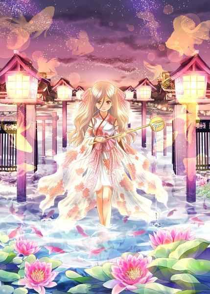 Anime picture 715x1000 with original akisaki rio single long hair tall image looking at viewer blonde hair brown eyes sky cloud (clouds) girl dress flower (flowers) water fish (fishes)