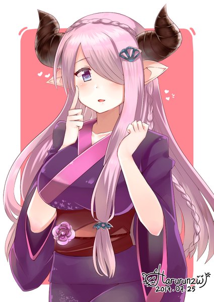 Anime picture 851x1202 with granblue fantasy narmaya (granblue fantasy) harurun zw single long hair tall image blush fringe breasts open mouth blue eyes simple background large breasts signed pink hair braid (braids) traditional clothes japanese clothes horn (horns) pointy ears