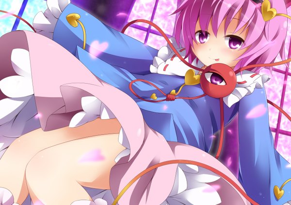 Anime picture 1414x1000 with touhou komeiji satori chro single short hair purple eyes pink hair :p eyes girl dress petals