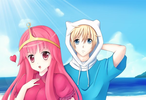 Anime picture 2600x1800 with adventure time princess bubblegum (adventure time) finn the human lchrno long hair looking at viewer highres short hair blue eyes blonde hair red eyes pink hair sky cloud (clouds) girl boy hood hoodie