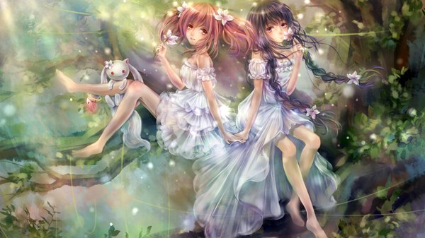 Anime picture 1920x1080 with mahou shoujo madoka magica shaft (studio) akemi homura kaname madoka kyuubee daphne zhang long hair highres black hair red eyes wide image sitting purple eyes multiple girls pink hair barefoot hair flower bare legs legs shoujo ai