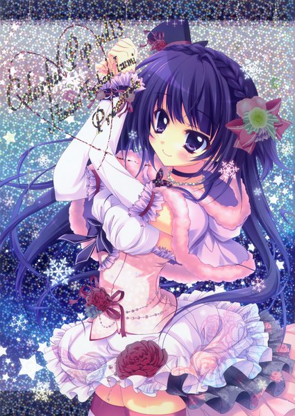 Anime picture 1711x2414 with izumi tsubasu single long hair tall image looking at viewer blush highres blue eyes smile blue hair braid (braids) scan girl dress flower (flowers) hat detached sleeves frills star (symbol) snowflake (snowflakes)