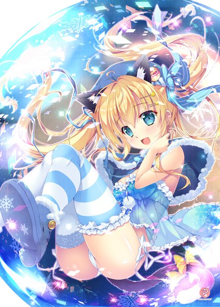 Anime picture 645x900 with original mikeou single long hair tall image blush fringe open mouth blue eyes light erotic blonde hair hair between eyes twintails animal ears ass pantyshot girl thighhighs dress hair ornament