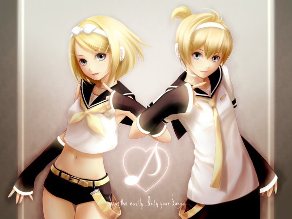 Anime picture 1200x900 with vocaloid kagamine rin kagamine len yori (shitsuon) blonde hair twins girl bow hair bow necktie belt headphones