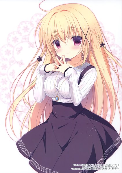 Anime picture 2670x3800 with miyasaka miyu single long hair tall image looking at viewer blush highres blonde hair smile red eyes white background scan fingers together girl dress x hair ornament