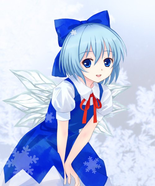 Anime picture 1000x1200 with touhou cirno tucana single tall image looking at viewer fringe short hair blue eyes hair between eyes blue hair girl dress hair ornament bow hair bow wings snowflake (snowflakes) snowflake hair ornament