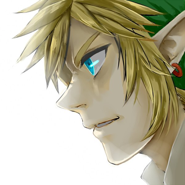 Anime picture 1150x1150 with the legend of zelda link short hair blue eyes blonde hair simple background white background profile pointy ears face elf boy earrings