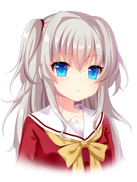 Anime picture 700x931 with charlotte p.a. works tomori nao nachi single long hair tall image looking at viewer blush fringe blue eyes simple background white background silver hair two side up girl uniform bow school uniform serafuku