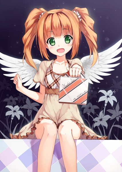 Anime picture 1500x2113 with idolmaster takatsuki yayoi hagi (ame hagi) single long hair tall image light erotic brown hair sitting twintails green eyes pantyshot drill hair pantyshot sitting girl dress underwear panties flower (flowers) wings