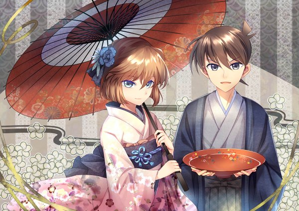 Anime picture 1280x905 with detective conan kudou shinichi miyano shiho bison cangshu looking at viewer short hair open mouth blue eyes brown hair traditional clothes japanese clothes hair flower grey eyes girl boy hair ornament flower (flowers) ribbon (ribbons) kimono umbrella