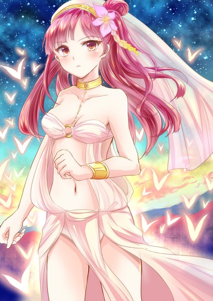Anime picture 2507x3541 with magi the labyrinth of magic a-1 pictures morgiana kashiwagi chisame single long hair tall image looking at viewer blush fringe highres breasts light erotic bare shoulders brown eyes pink hair sky cleavage hair flower girl