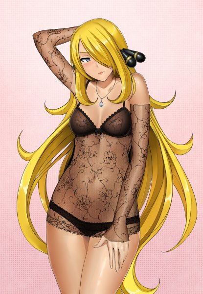 Anime picture 830x1200 with pokemon pokemon dppt nintendo cynthia (pokemon) metalbolic (kinzo) single tall image blush fringe breasts blue eyes light erotic simple background blonde hair standing looking away very long hair hair over one eye underwear only arm behind head