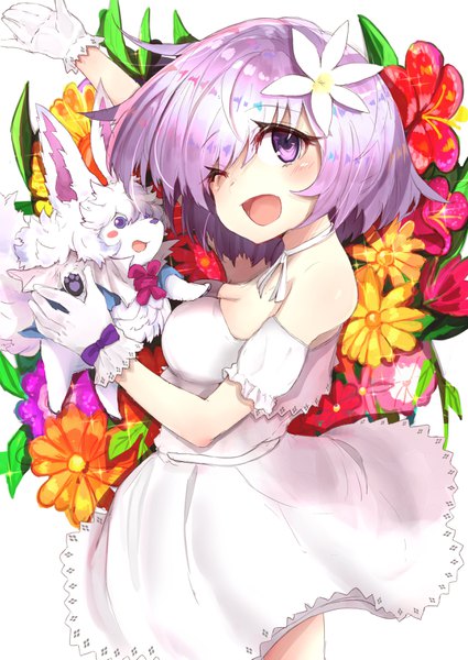 Anime picture 2508x3541 with fate (series) fate/grand order mash kyrielight fou (fate) mash kyrielight (formal dress) ranf single tall image looking at viewer blush fringe highres short hair open mouth purple eyes cleavage purple hair one eye closed hair flower hair over one eye