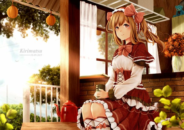 Anime picture 800x566 with original kirimatsu single long hair looking at viewer blush fringe smile red eyes brown hair sitting holding signed ponytail pleated skirt sunlight dated lacing sunbeam knees touching