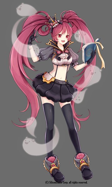Anime picture 600x1000 with original millgua single long hair tall image open mouth red eyes twintails purple hair grey background midriff ghost girl thighhighs gloves navel black thighhighs black gloves book (books)