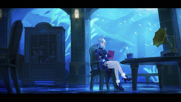 Anime picture 4032x2268 with genshin impact furina (genshin impact) anna (drw01) single highres short hair wide image sitting absurdres silver hair full body ahoge indoors bare legs crossed legs letterboxed hat removed headwear removed girl gloves