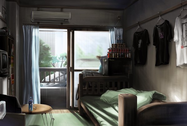 Anime picture 1595x1080 with original mk(marskind) no people window bed curtains t-shirt table ground vehicle car room