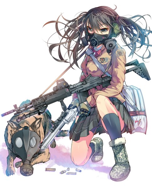Anime picture 971x1200 with original daito (daito369) single long hair tall image looking at viewer light erotic black hair simple background white background sitting twintails holding looking away black eyes cameltoe dual wielding military trigger discipline girl