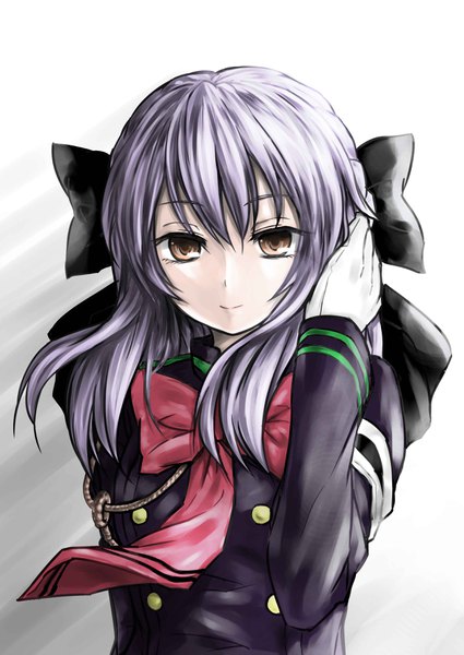Anime picture 2508x3541 with owari no seraph wit studio hiiragi shinoa ichiban no yagi single long hair tall image looking at viewer fringe highres simple background hair between eyes white background brown eyes payot purple hair upper body long sleeves light smile wind