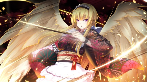 Anime picture 1280x720 with tenbin no la dea eushully single long hair looking at viewer blonde hair wide image purple eyes game cg girl wings headdress obi