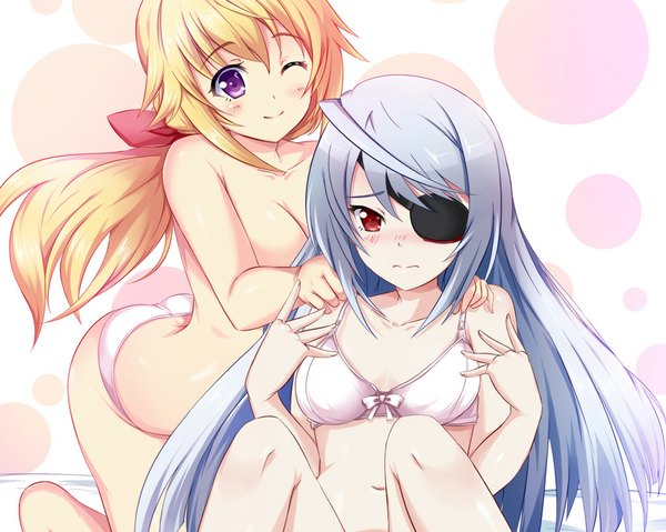 Anime picture 1024x819 with infinite stratos 8bit charles dunois laura bodewig long hair blush light erotic blonde hair smile red eyes purple eyes multiple girls silver hair one eye closed wink girl navel underwear panties 2 girls