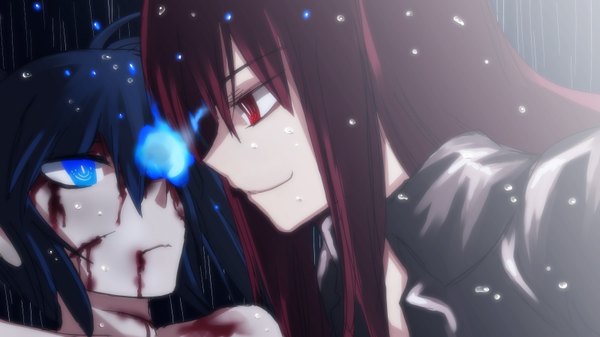 Anime picture 1600x900 with black rock shooter black rock shooter (character) black gold saw long hair blue eyes smile red eyes wide image twintails bare shoulders multiple girls blue hair red hair horn (horns) wet glowing glowing eye (eyes) demon injury girl