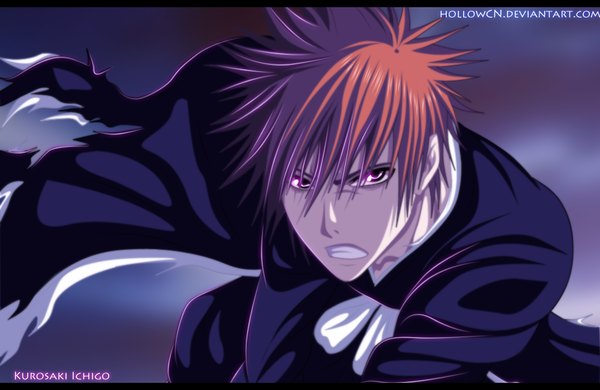 Anime picture 1000x651 with bleach studio pierrot kurosaki ichigo hollowcn single short hair japanese clothes pink eyes orange hair grin coloring torn clothes portrait letterboxed angry boy kimono