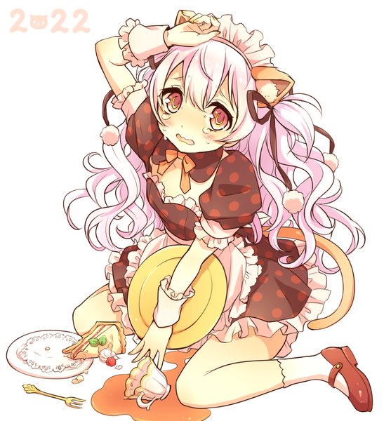 Anime picture 1300x1400 with mahou shoujo madoka magica shaft (studio) momoe nagisa yutsumoe single long hair tall image looking at viewer blush simple background red eyes white background sitting animal ears white hair tail animal tail cat ears maid cat tail