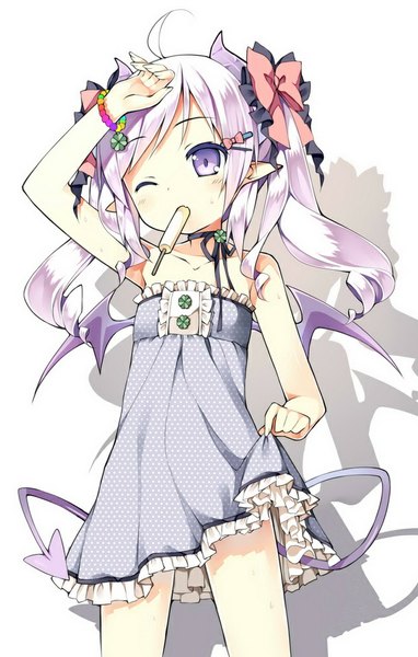 Anime picture 638x1000 with original rulu saru (longbb) single long hair tall image looking at viewer blush fringe light erotic simple background standing white background twintails purple eyes bare shoulders holding purple hair ahoge one eye closed