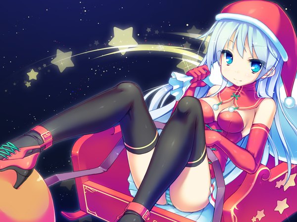 Anime picture 1600x1200 with original ochinsama single long hair looking at viewer blue eyes light erotic blue hair pantyshot pantyshot sitting girl thighhighs gloves underwear panties black thighhighs hat elbow gloves star (symbol) santa claus hat