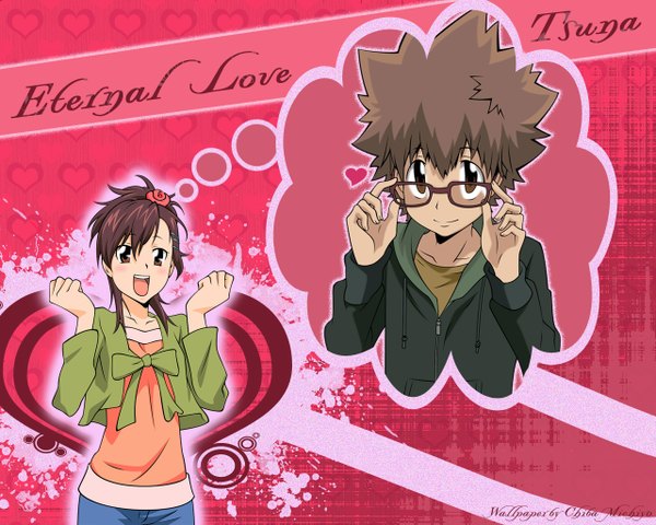 Anime picture 1280x1024 with katekyou hitman reborn sawada tsunayoshi miura haru looking at viewer blush fringe short hair open mouth smile brown hair brown eyes upper body arm up inscription happy pink background adjusting glasses girl boy hair ornament