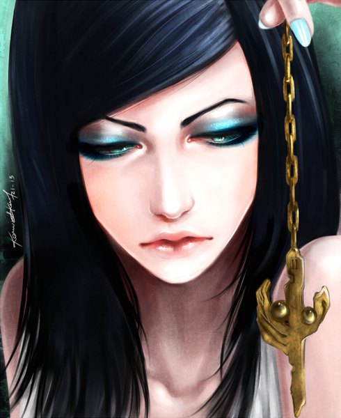 Anime picture 900x1102 with ergo proxy re-l mayer karnivalkun single long hair tall image fringe blue eyes black hair holding signed looking away upper body nail polish lips dated portrait eyeshadow makeup blue nail polish