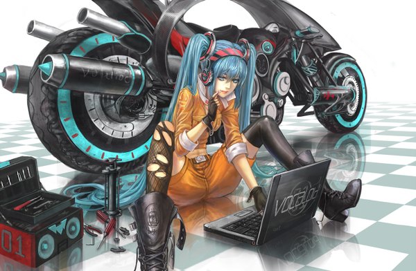 Anime picture 1500x980 with vocaloid hatsune miku infukun single long hair blue eyes sitting twintails blue hair checkered floor girl thighhighs gloves black thighhighs shorts boots headphones fingerless gloves motorcycle laptop