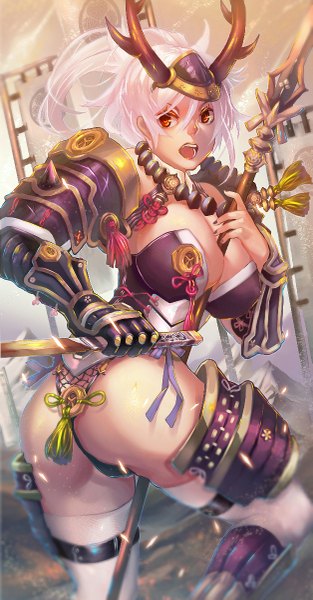 Anime picture 627x1200 with original raionart single long hair tall image breasts open mouth light erotic red eyes large breasts ass white hair horn (horns) girl gloves weapon sword armor spear
