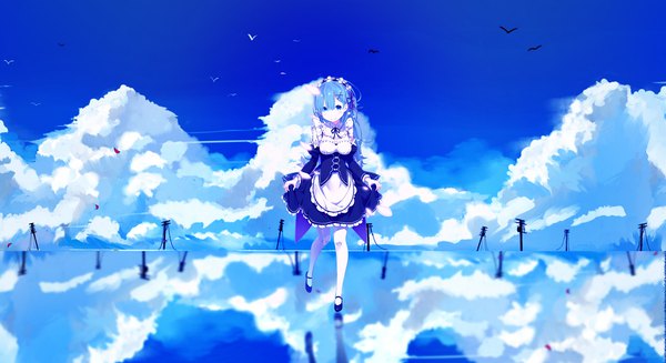 Anime picture 1980x1080 with re:zero kara hajimeru isekai seikatsu white fox rem (re:zero) narika single long hair looking at viewer fringe highres blue eyes smile wide image standing blue hair sky cloud (clouds) full body outdoors blunt bangs maid