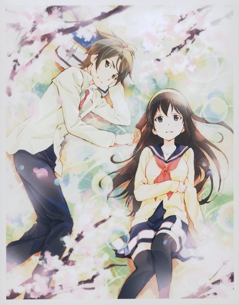 Anime picture 3183x4048 with nerawareta gakuen sunrise (studio) harukawa kahori kyougoku (nerawareta) long hair tall image highres short hair blue eyes brown hair green eyes absurdres lying light smile grey hair on back couple cherry blossoms on side girl