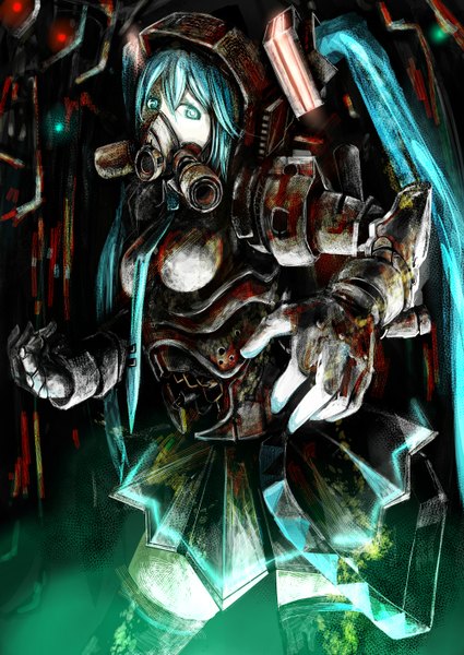 Anime picture 1000x1411 with vocaloid hatsune miku koruse single long hair tall image fringe breasts light erotic twintails aqua eyes aqua hair girl thighhighs skirt gloves necktie armor respirator