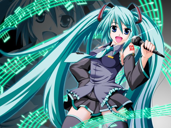 Anime picture 1600x1200 with vocaloid hatsune miku long hair open mouth twintails aqua eyes aqua hair tattoo girl thighhighs bow black thighhighs hair bow detached sleeves miniskirt necktie microphone musical note