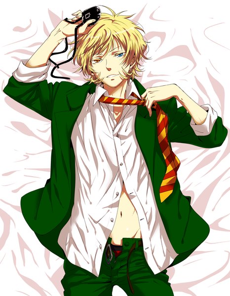 Anime picture 800x1029 with code: breaker kinema citrus fujiwara toki tagme (artist) single tall image looking at viewer fringe short hair blonde hair holding lying light smile open clothes on back open shirt heterochromia open pants adjusting necktie boy