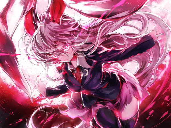 Anime picture 1200x900 with touhou reisen udongein inaba pkk single looking at viewer red eyes animal ears tail very long hair animal tail pleated skirt bunny ears glowing glowing eye (eyes) bunny tail girl thighhighs skirt black thighhighs miniskirt