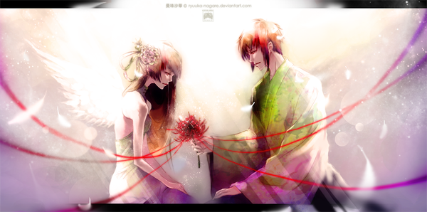 Anime picture 1260x626 with ryuuka-nagare long hair fringe short hair brown hair wide image bare shoulders traditional clothes hair flower lips tears angel wings crying white wings sad girl boy hair ornament flower (flowers) wings