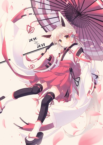 Anime picture 752x1062 with original misaki yuu (dstyle) single long hair tall image looking at viewer blush fringe holding animal ears yellow eyes white hair tail traditional clothes japanese clothes animal tail pleated skirt wind wide sleeves :o