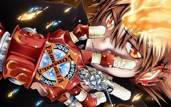 Anime picture 1920x1200 with katekyou hitman reborn sawada tsunayoshi single highres short hair hair between eyes brown hair looking away orange eyes wallpaper close-up boy gloves headphones flame