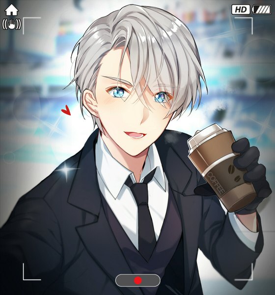 Anime picture 1120x1200 with yuri!!! on ice mappa viktor nikiforov pingo single tall image looking at viewer fringe short hair open mouth blue eyes silver hair upper body hair over one eye self shot formal boy gloves black gloves necktie