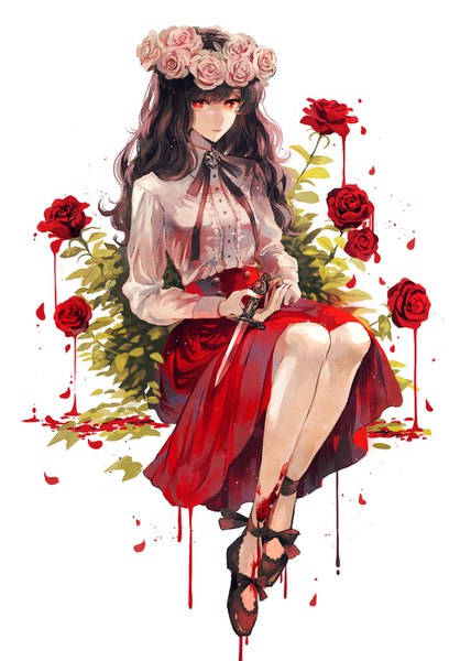 Anime picture 1000x1402 with original yumeno yume single long hair tall image looking at viewer fringe black hair simple background red eyes white background sitting holding full body long sleeves wavy hair girl skirt flower (flowers) rose (roses)
