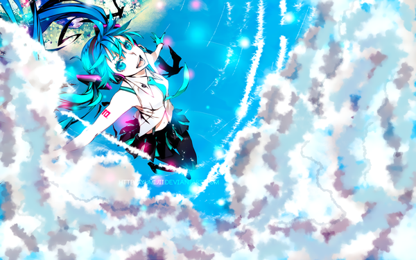 Anime picture 1600x1000 with vocaloid hatsune miku yumijii single long hair open mouth blue eyes smile twintails blue hair sky cloud (clouds) pleated skirt tattoo spread arms flying girl thighhighs skirt gloves